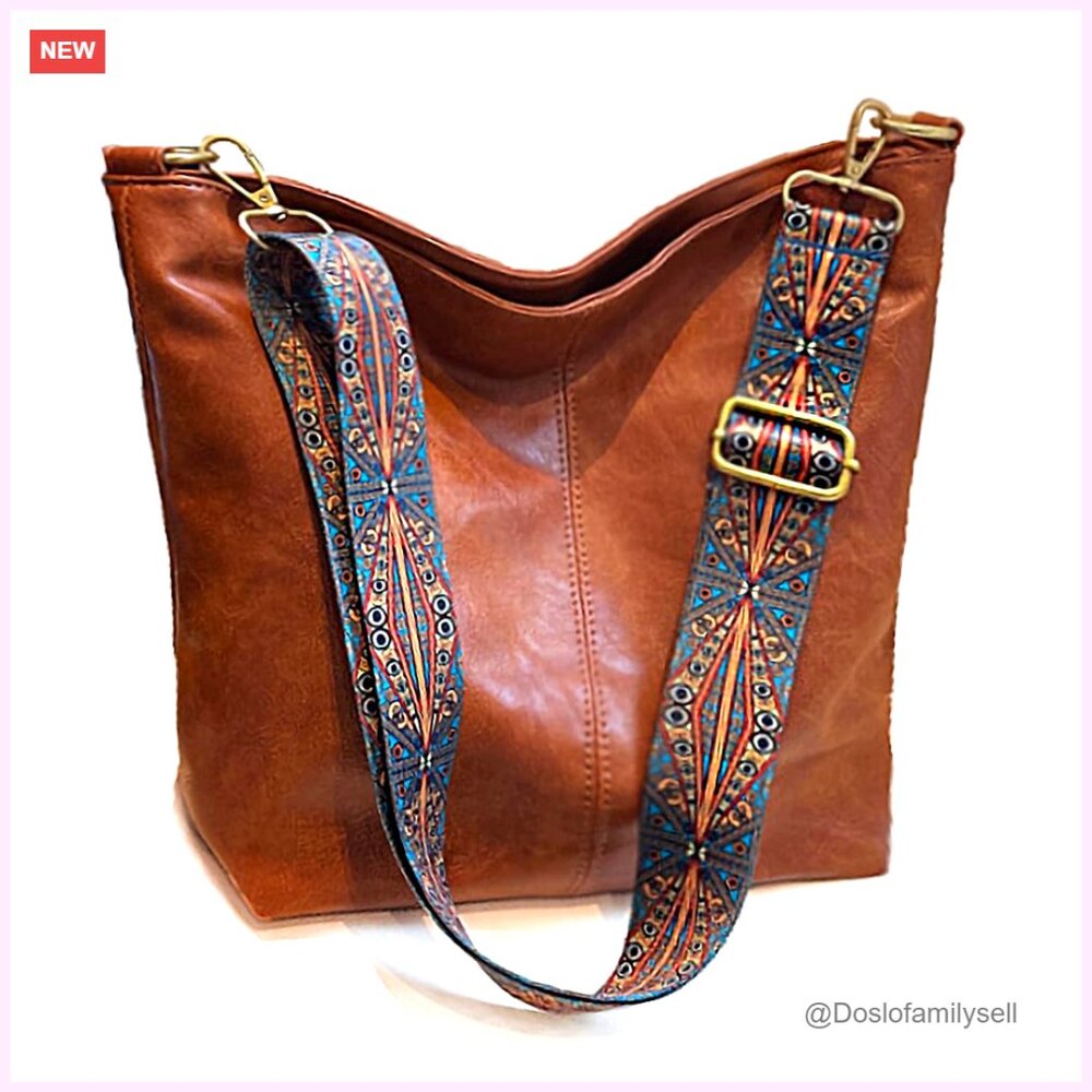 Vegan Leather Hobo Crossbody Bag with Guitar Strap and Zipper